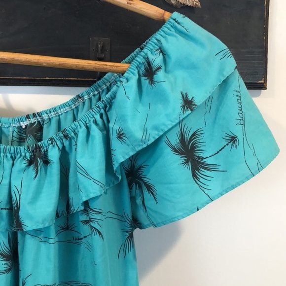 Vintage Hilo Hattie Hawaiian Off Shoulder Teal MuMu Maxi Dress Size Large - Picture 5 of 8
